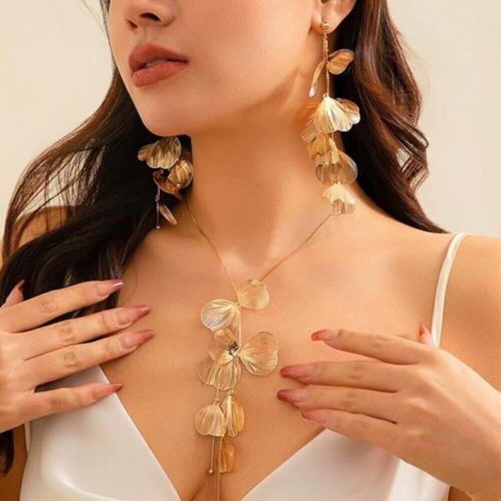 Statement Gold Leaf Choker Necklace Earrings Set Trendy Boho Ginkgo Leaves
